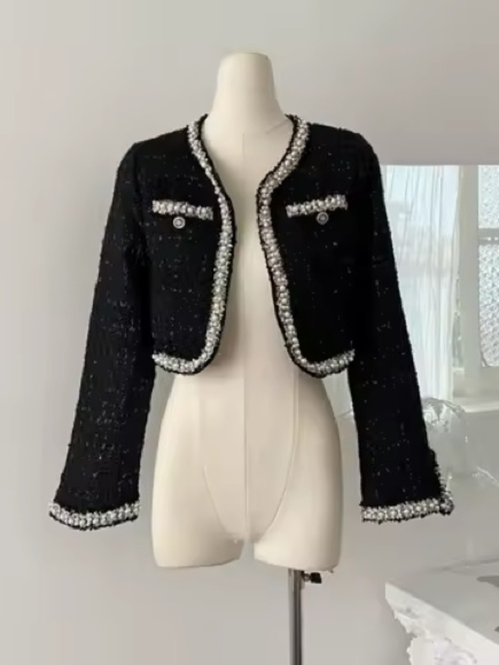 Black Tweed Cropped Jacket with Beaded Trim